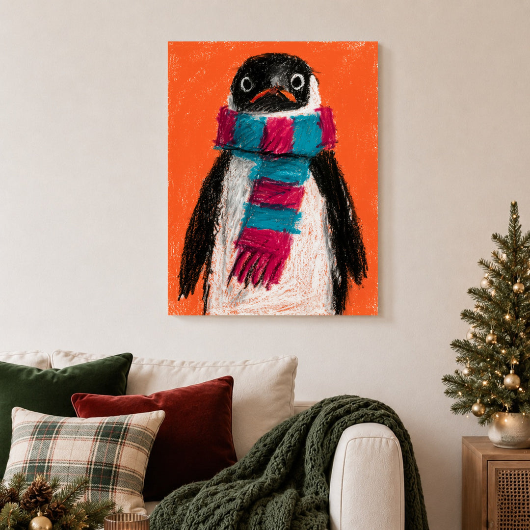 Pinguin mit Schal Leinwandbild – Ohne Rahmen – Produktfoto
