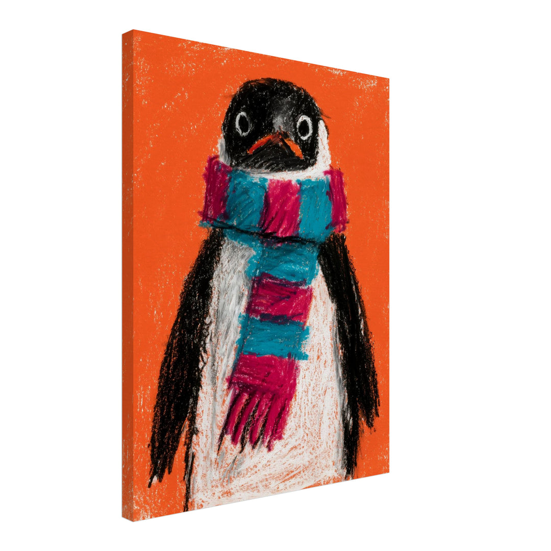 Pinguin mit Schal Leinwandbild – Schräge Ansicht – Produktfoto