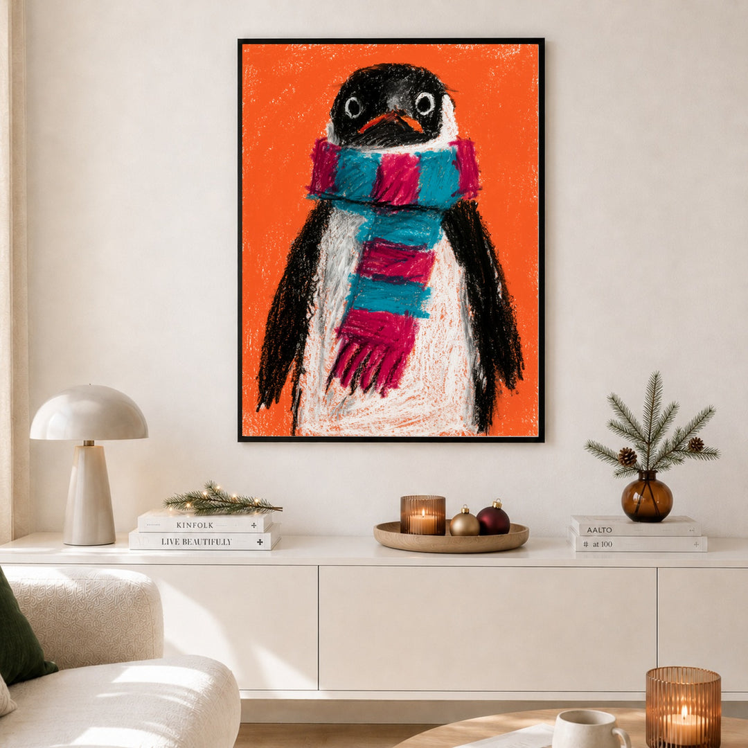 Pinguin mit Schal Poster – Schwarzer Rahmen – Produktfoto