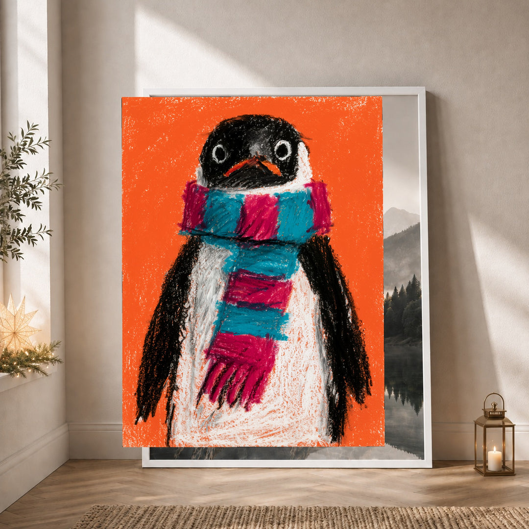 Pinguin mit Schal Poster – Weißer Rahmen – Produktfoto