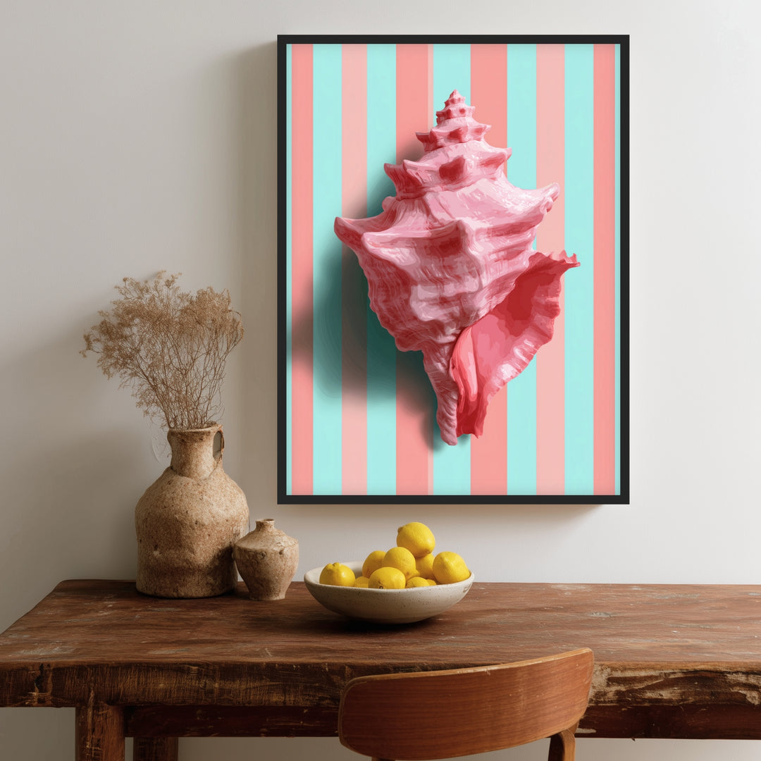Rosa Muschel gestreift Poster – Schwarzer Rahmen – Produktfoto