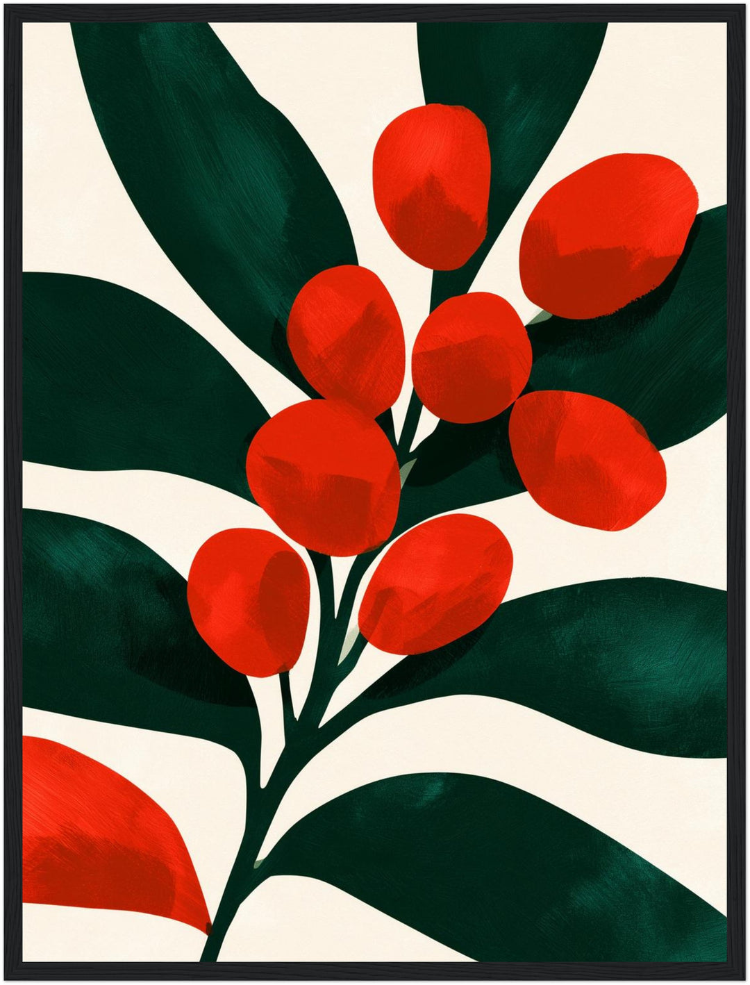 Rote Beeren auf Dunkelgrün Poster – Schwarzer Rahmen – Produktfoto