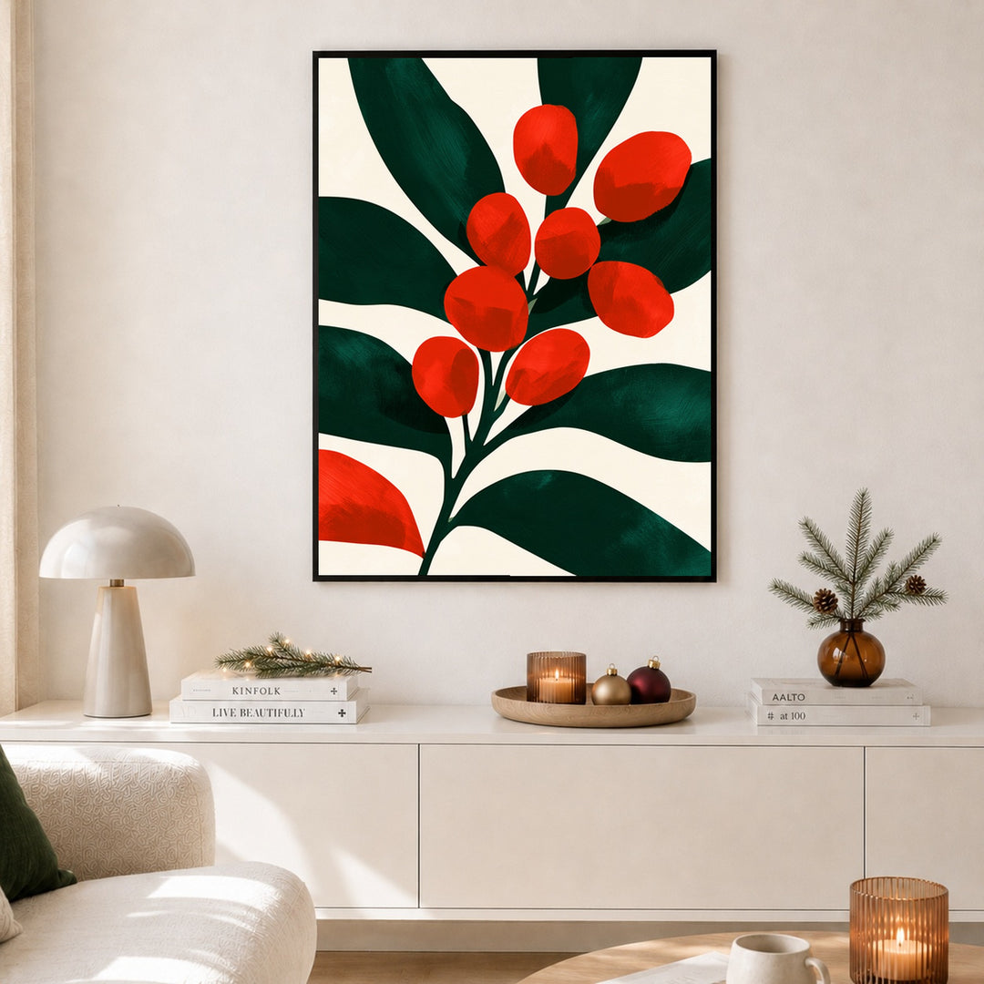 Rote Beeren auf Dunkelgrün Poster – Schwarzer Rahmen – Produktfoto