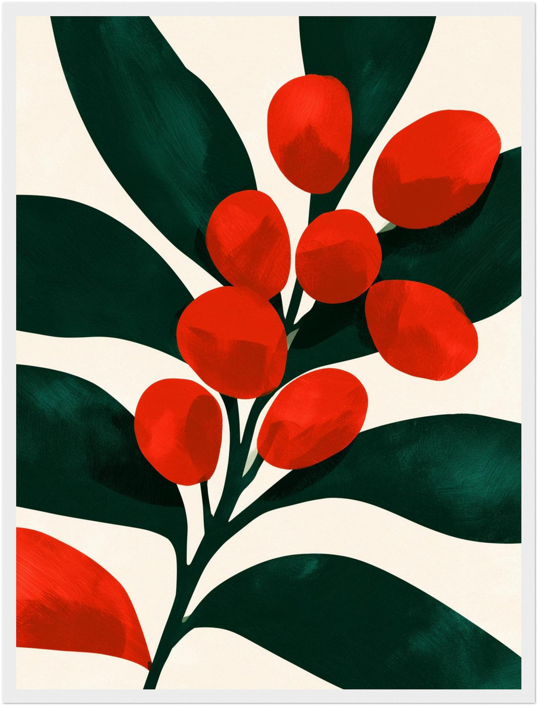 Rote Beeren auf Dunkelgrün Poster – Weißer Rahmen – Produktfoto