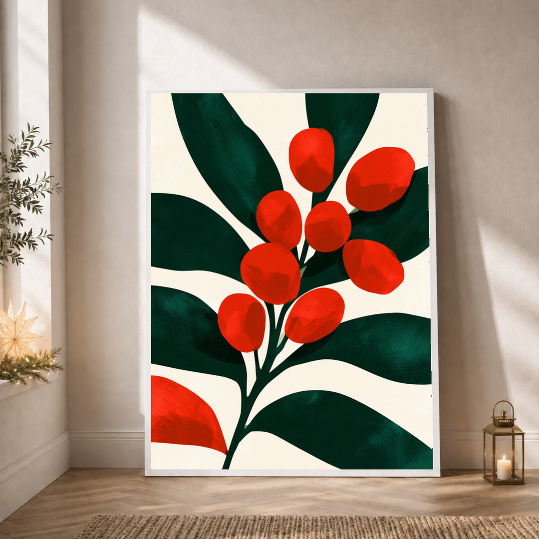 Rote Beeren auf Dunkelgrün Poster – Weißer Rahmen – Produktfoto