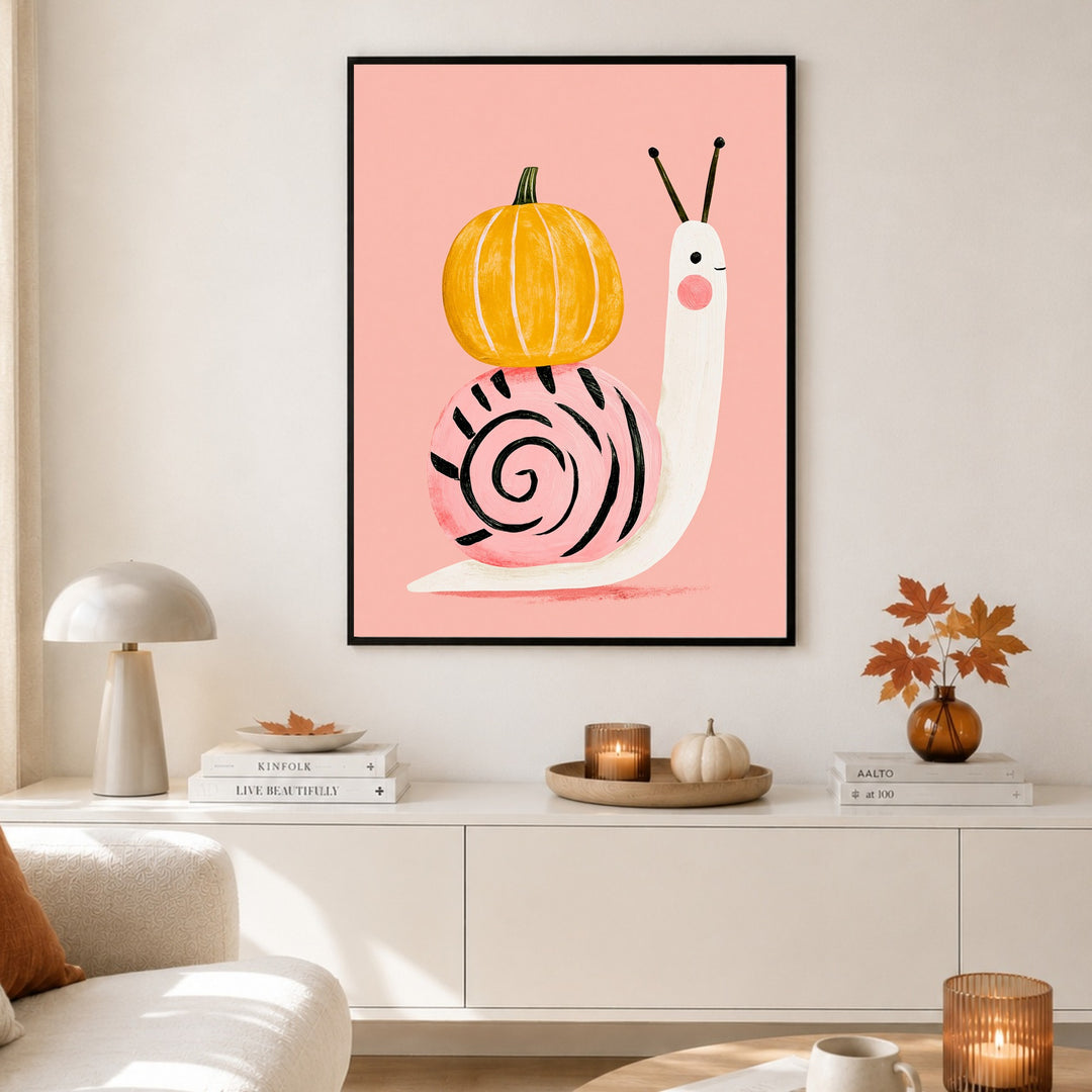 Schnecke mit Kürbis Poster – Schwarzer Rahmen – Produktfoto