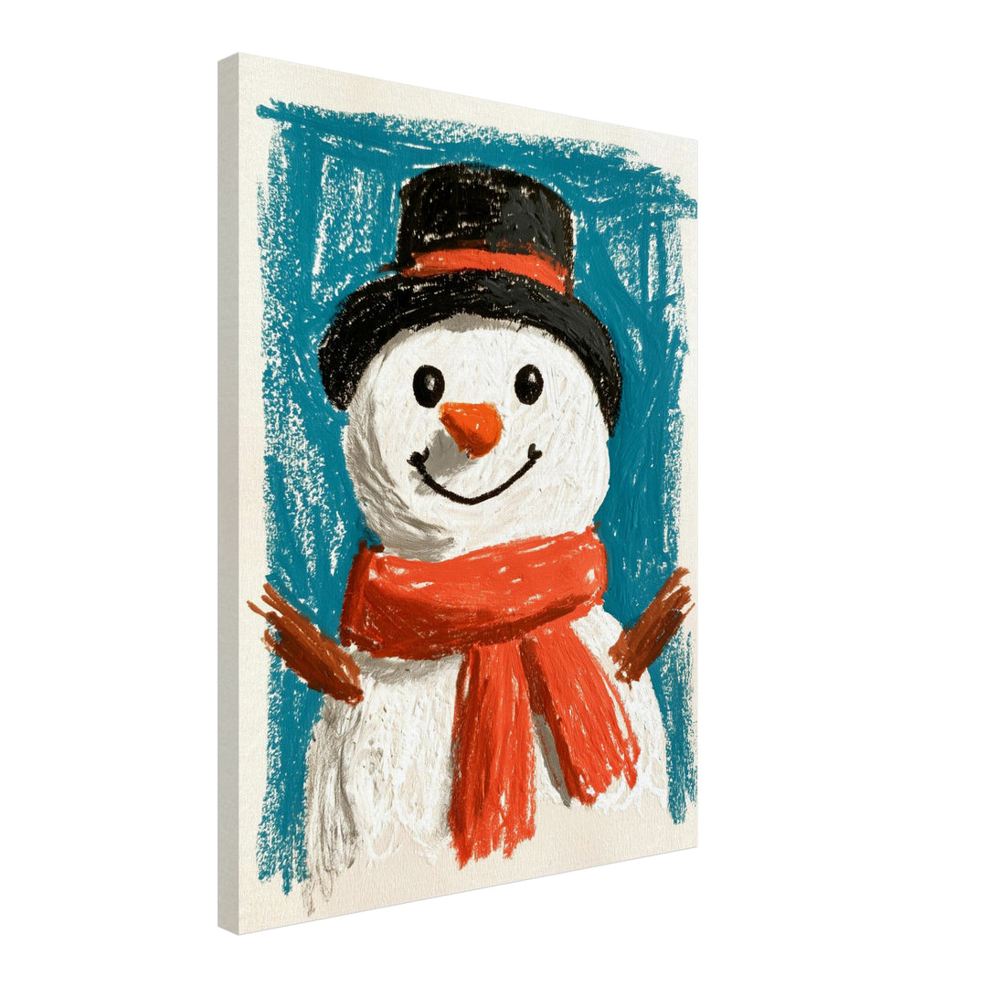 Fröhlicher Schneemann im Winter Leinwandbild – Schräge Ansicht – Produktfoto