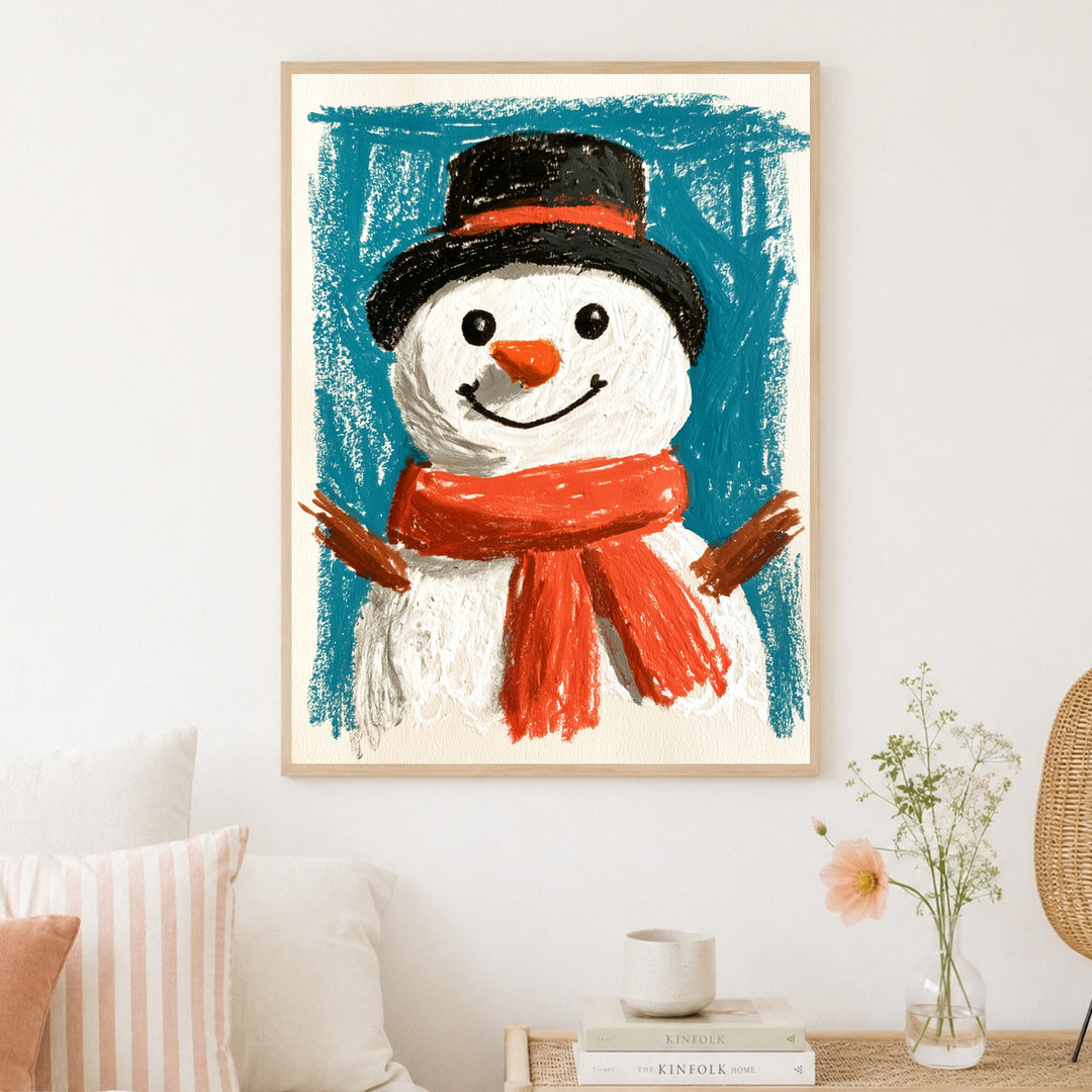Fröhlicher Schneemann im Winter Poster – Holz natur Rahmen – Produktfoto