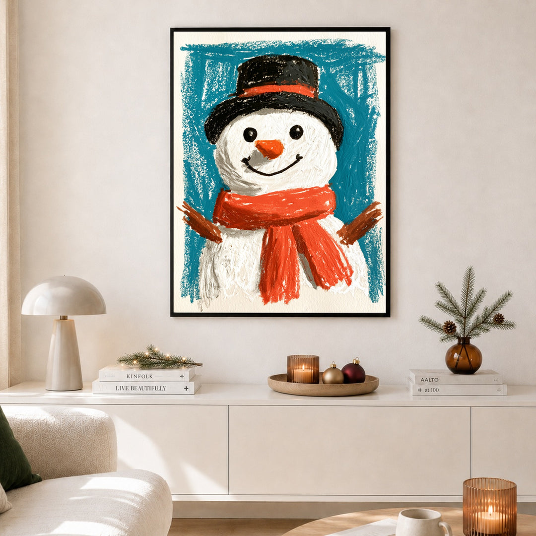 Fröhlicher Schneemann im Winter Poster – Schwarzer Rahmen – Produktfoto