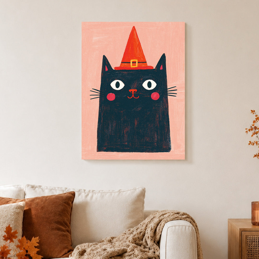Schwarze Hexenkatze mit Hut Leinwandbild – Ohne Rahmen – Produktfoto