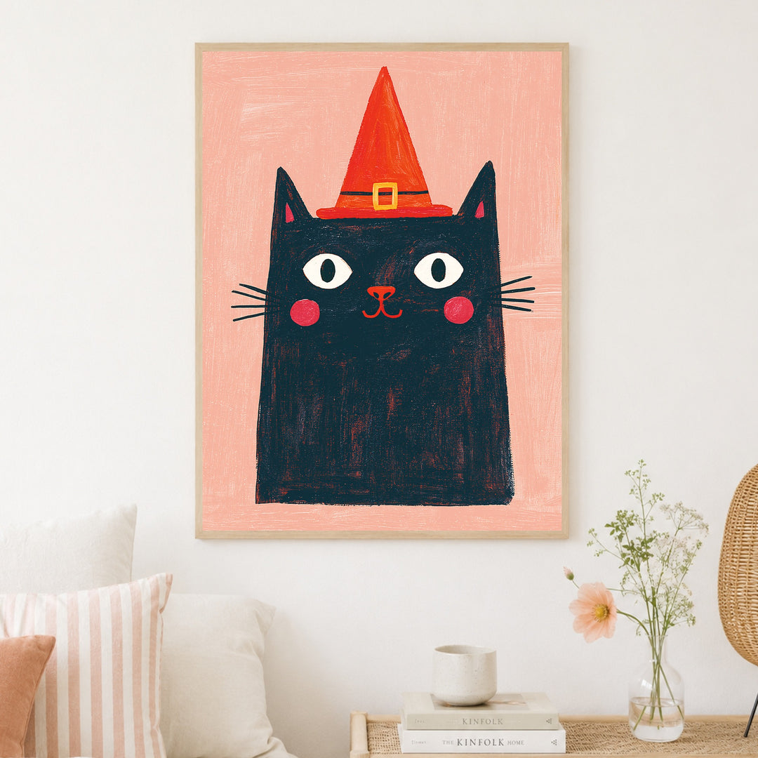 Schwarze Hexenkatze mit Hut Poster – Holz natur Rahmen – Produktfoto