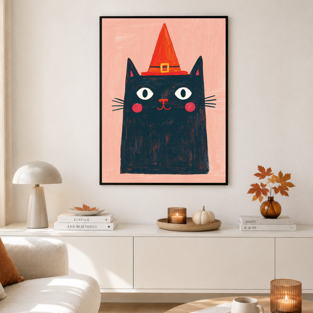 Schwarze Hexenkatze mit Hut Poster – Schwarzer Rahmen – Produktfoto