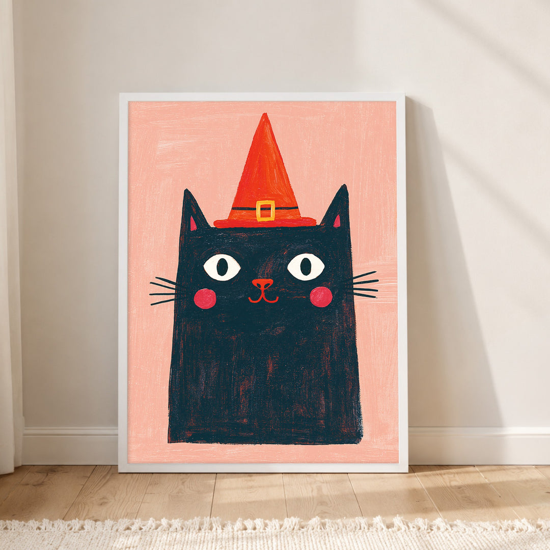 Schwarze Hexenkatze mit Hut Poster – Weißer Rahmen – Produktfoto