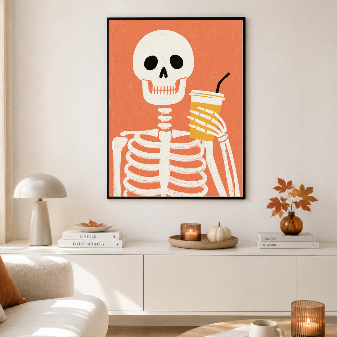 Skelett mit Kaffeebecher Poster – Schwarzer Rahmen – Produktfoto