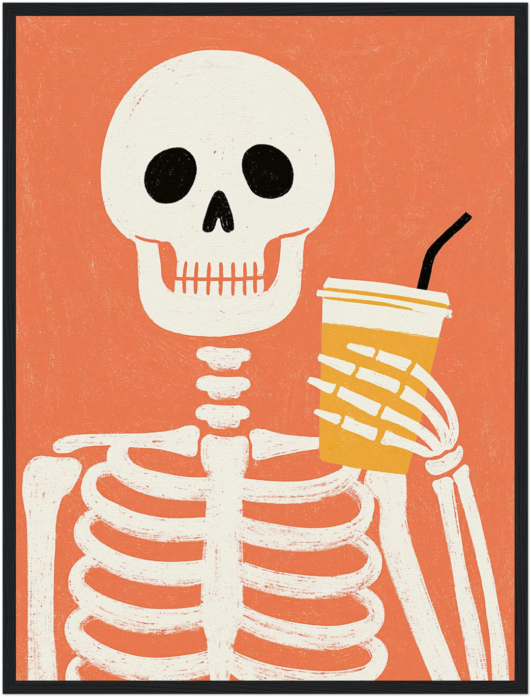 Skelett mit Kaffeebecher Poster – Schwarzer Rahmen – Produktfoto