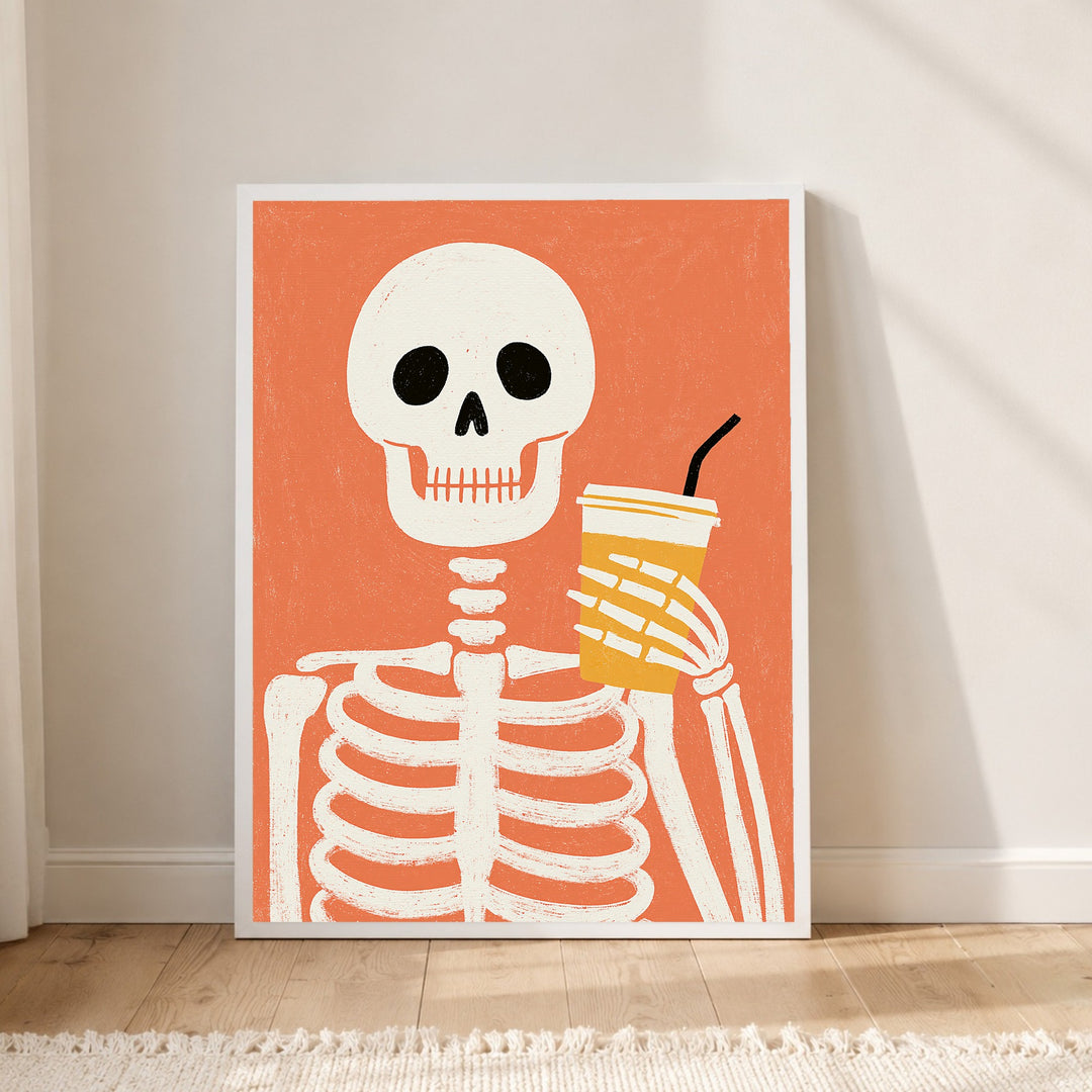 Skelett mit Kaffeebecher Poster – Weißer Rahmen – Produktfoto