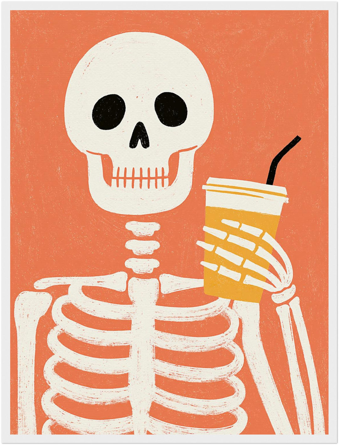 Skelett mit Kaffeebecher Poster – Weißer Rahmen – Produktfoto