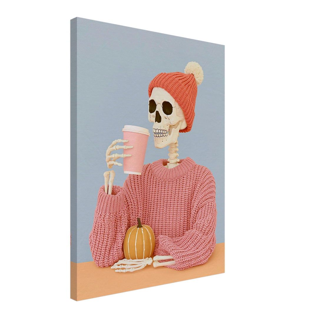 Skelett mit Herbst-Latte Leinwandbild – Schräge Ansicht – Produktfoto