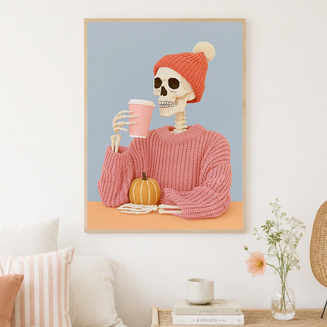 Skelett mit Herbst-Latte Poster – Holz natur Rahmen – Produktfoto