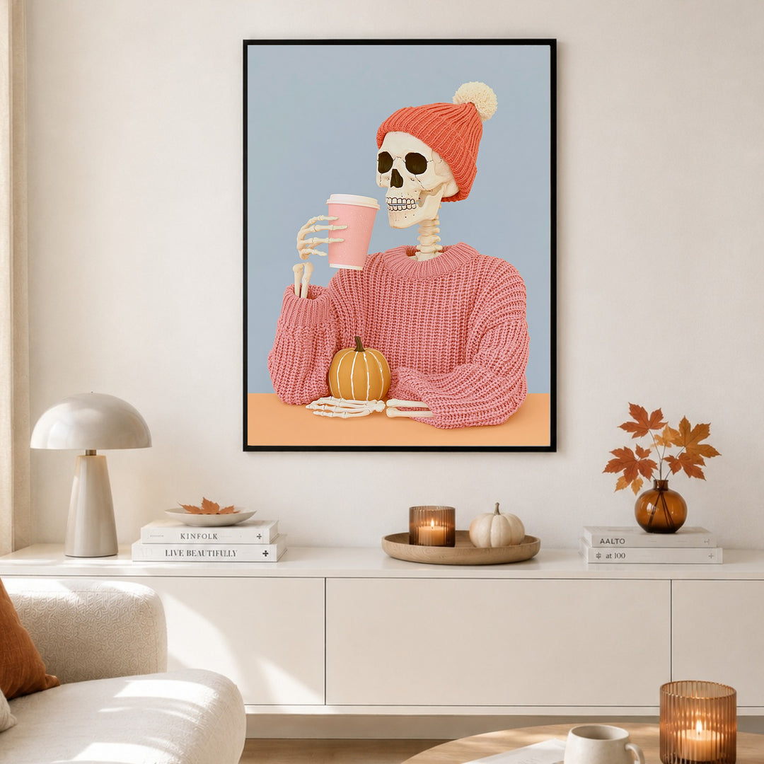 Skelett mit Herbst-Latte Poster – Schwarzer Rahmen – Produktfoto