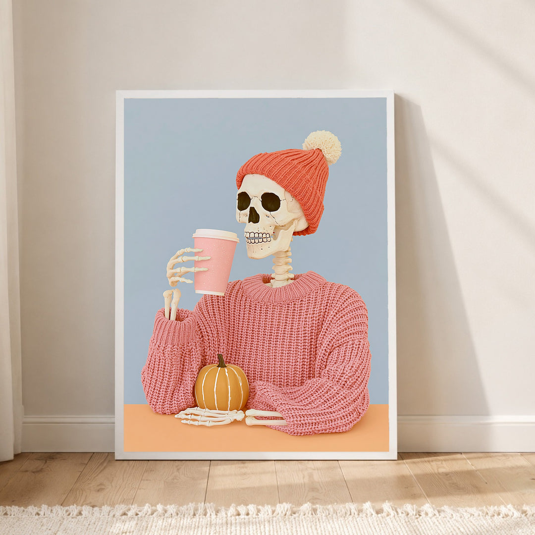 Skelett mit Herbst-Latte Poster – Weißer Rahmen – Produktfoto