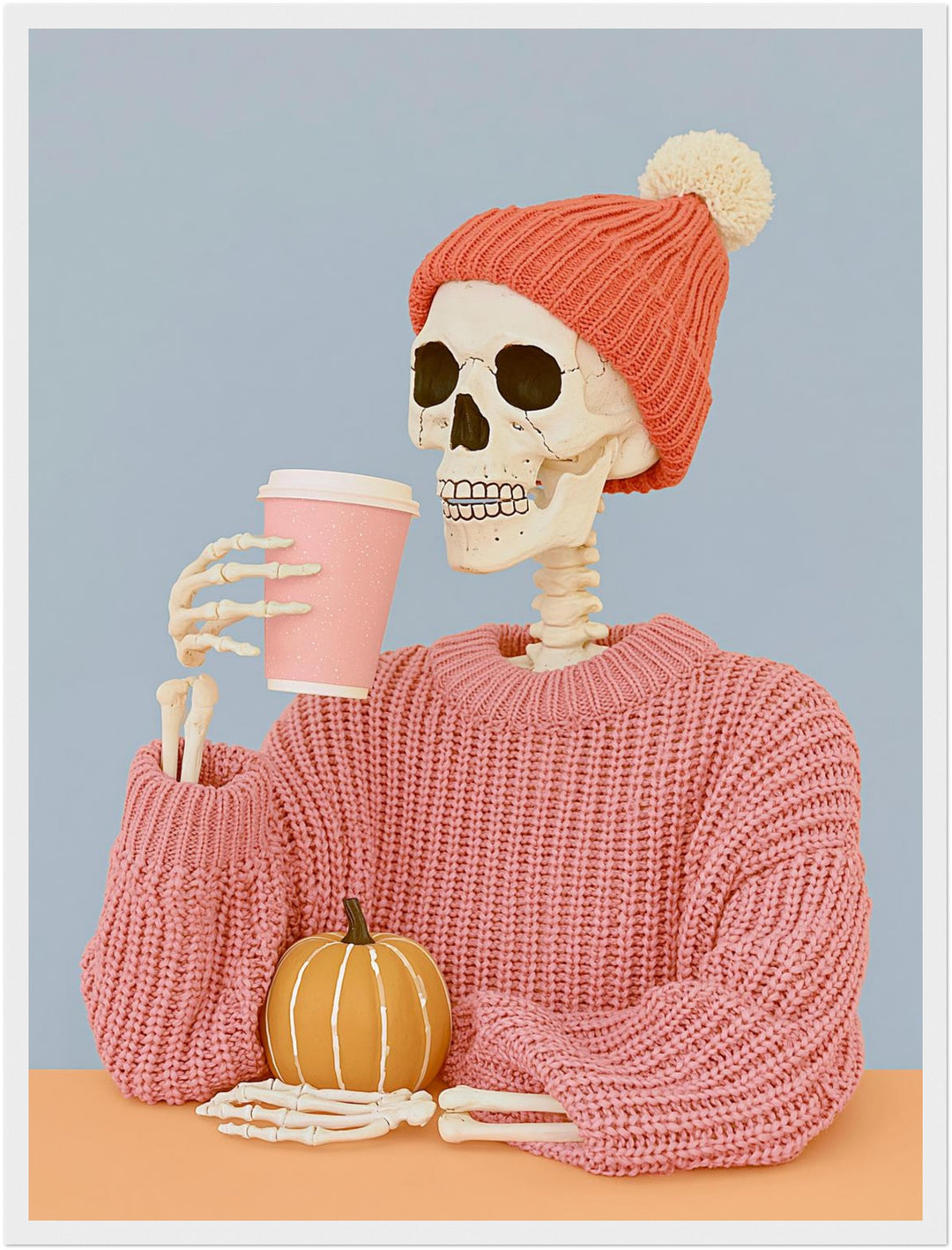Skelett mit Herbst-Latte Poster – Weißer Rahmen – Produktfoto