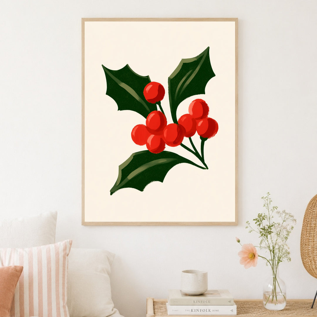 Stechpalme mit roten Beeren Poster – Holz natur Rahmen – Produktfoto