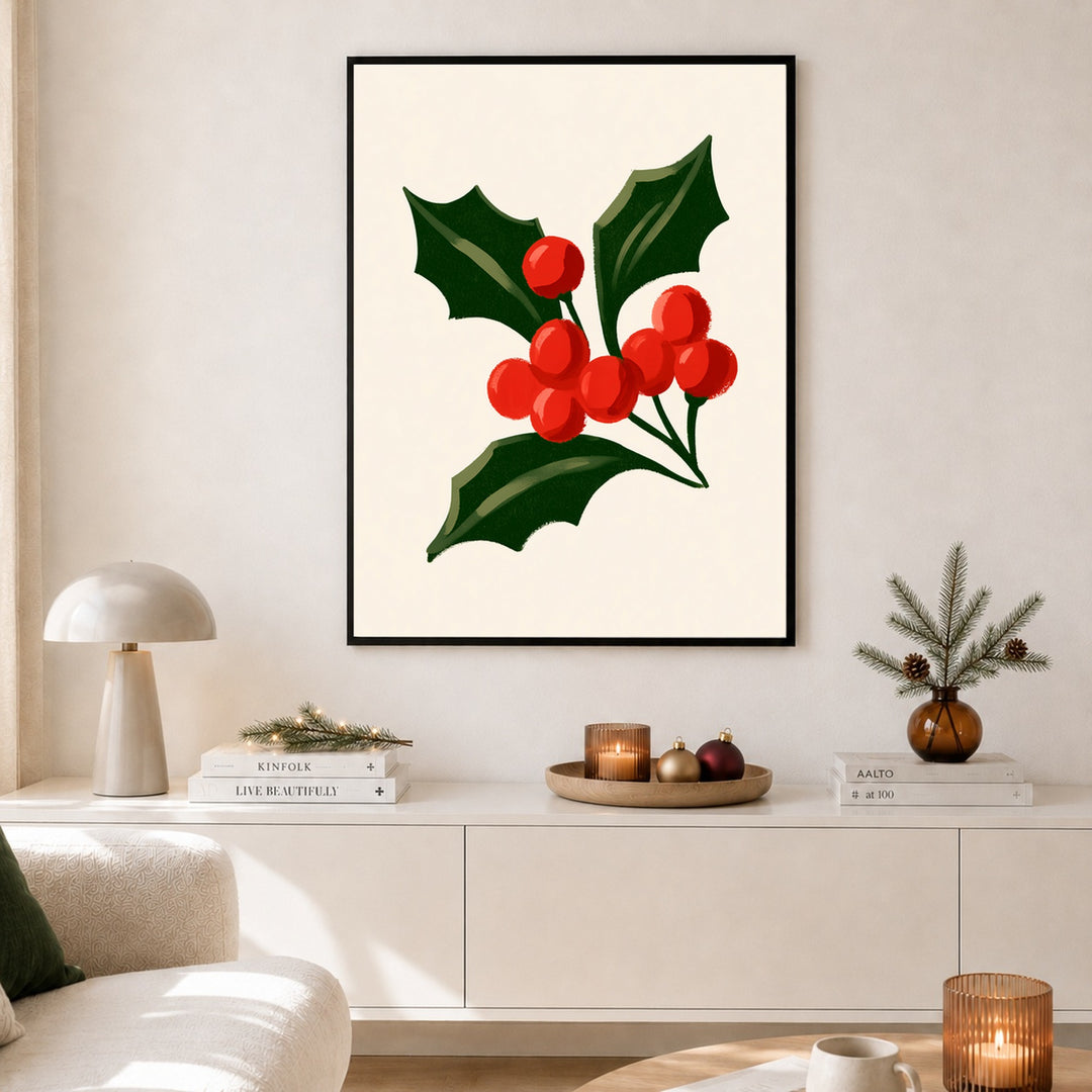 Stechpalme mit roten Beeren Poster – Schwarzer Rahmen – Produktfoto
