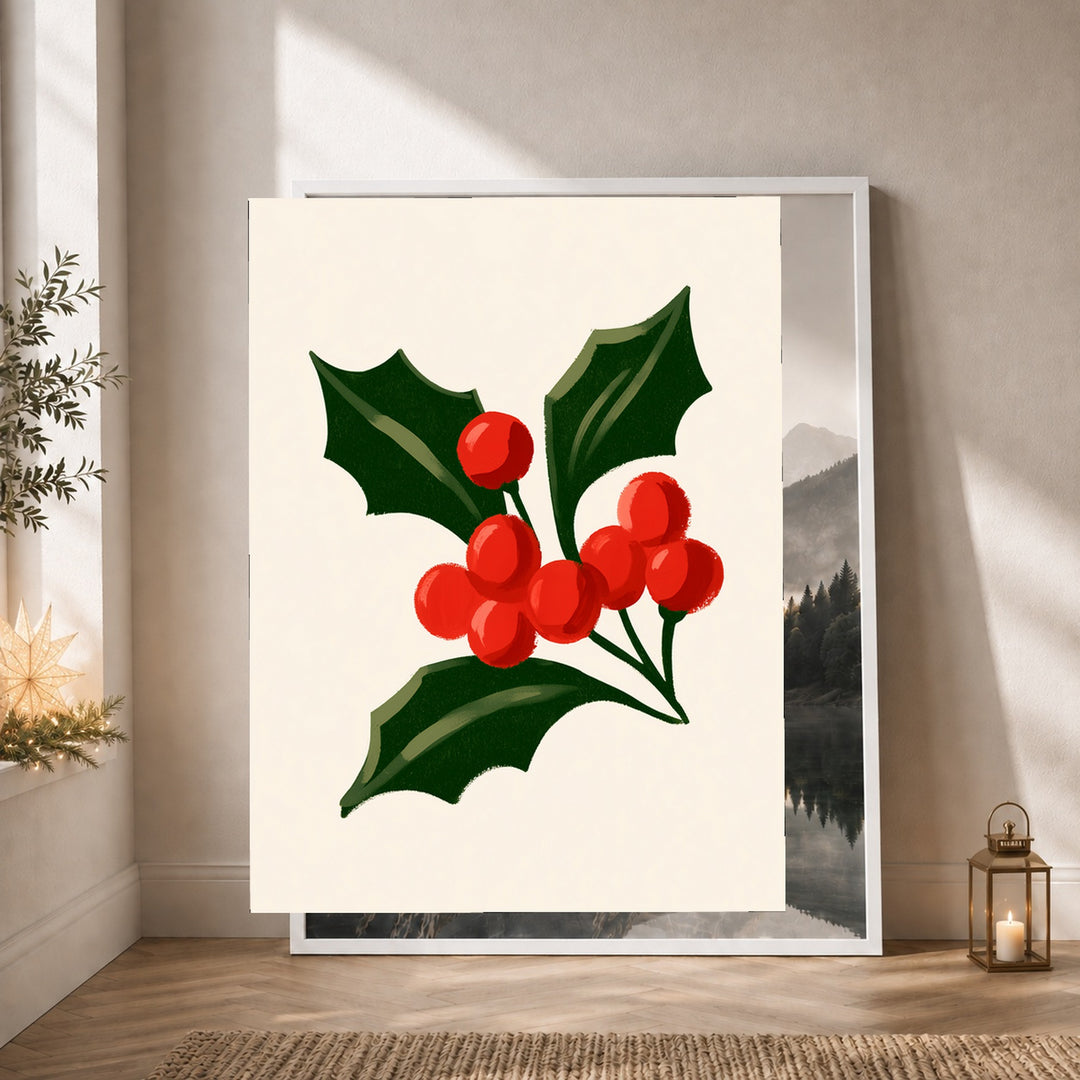 Stechpalme mit roten Beeren Poster – Weißer Rahmen – Produktfoto