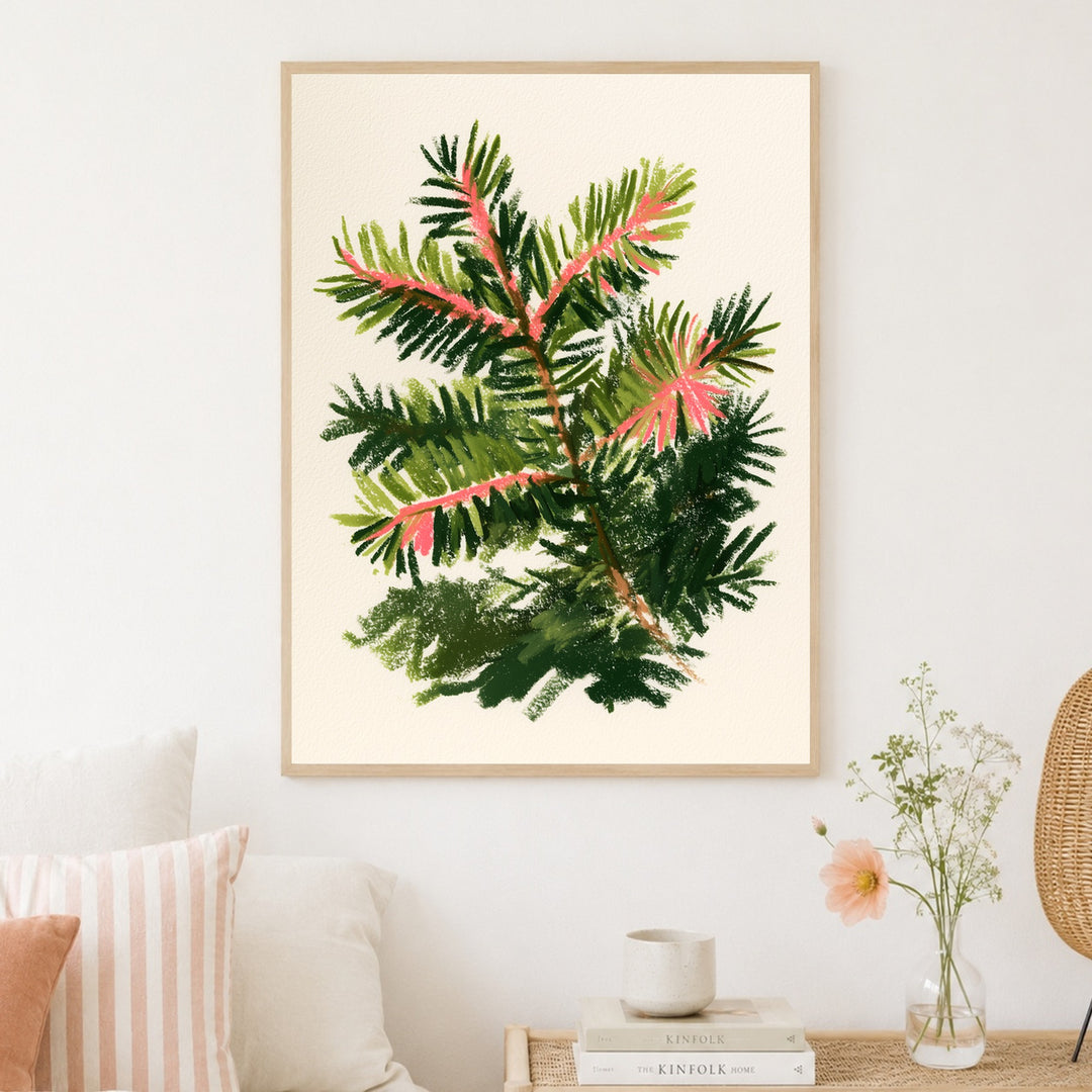 Tannenzweig mit rosa Trieben Poster – Holz natur Rahmen – Produktfoto