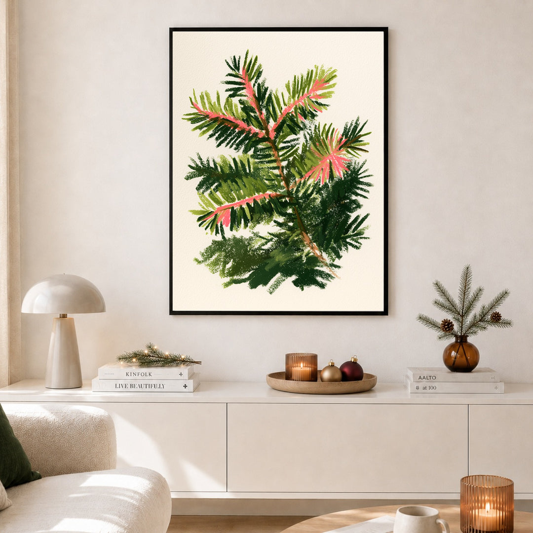 Tannenzweig mit rosa Trieben Poster – Schwarzer Rahmen – Produktfoto