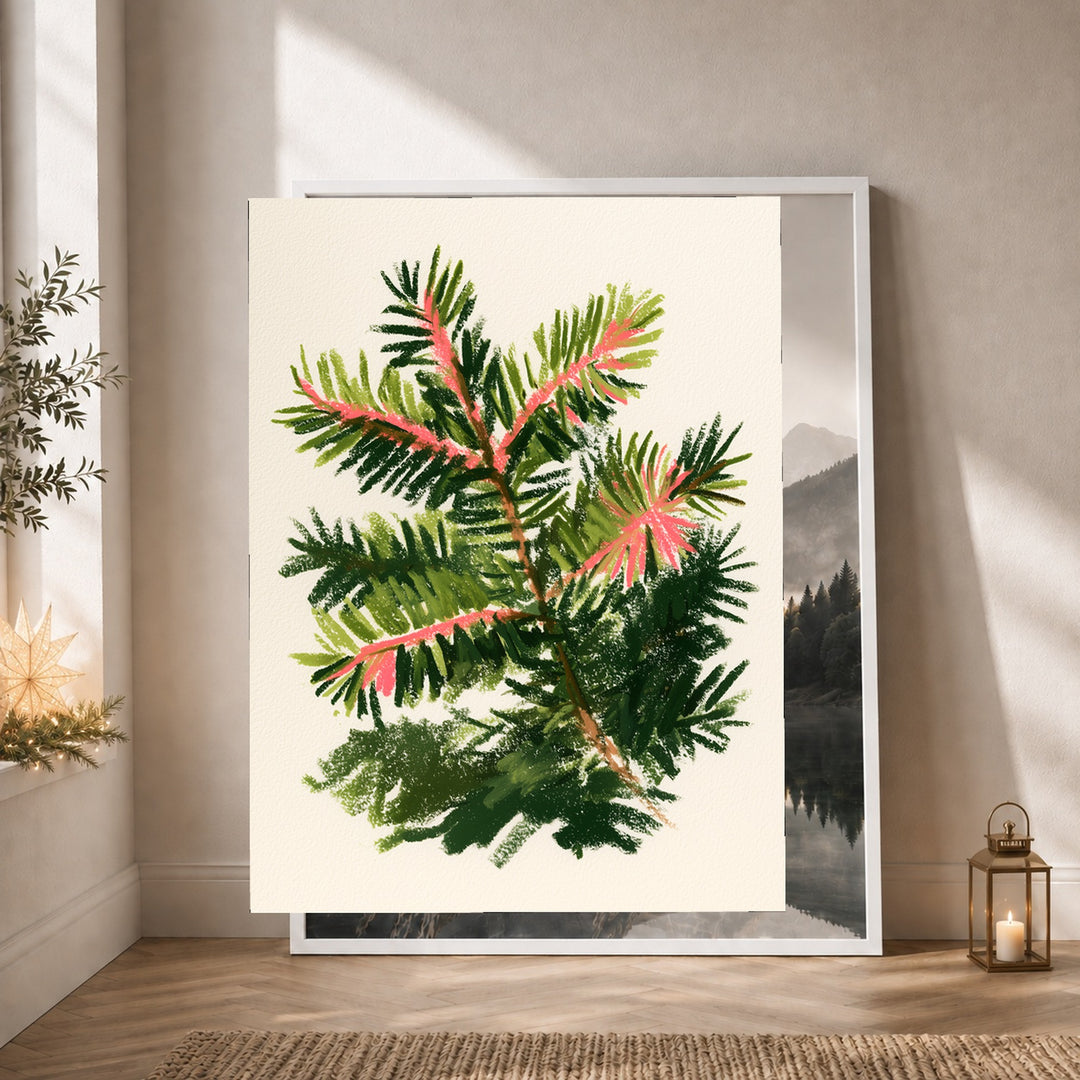 Tannenzweig mit rosa Trieben Poster – Weißer Rahmen – Produktfoto