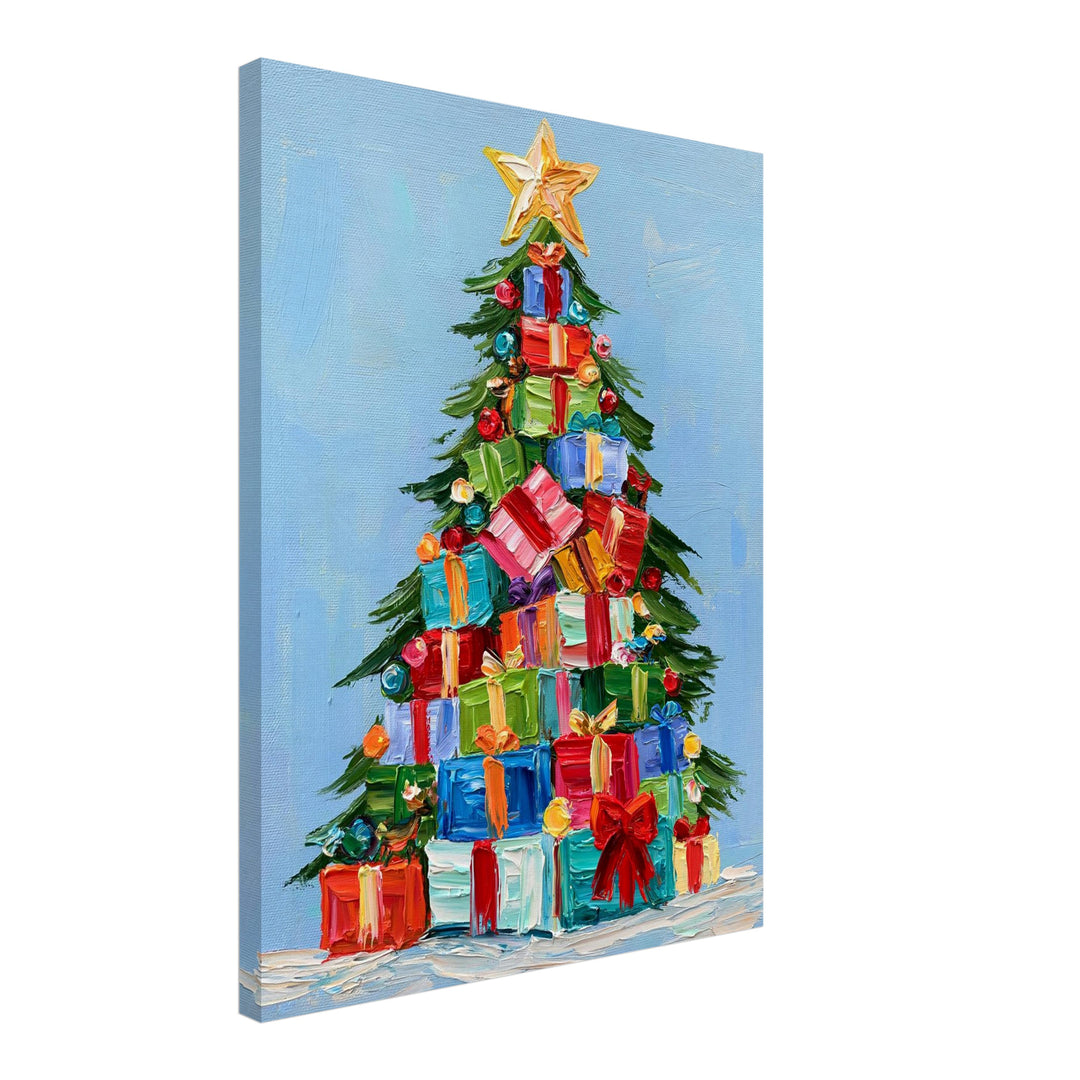 Bunter Weihnachtsbaum Geschenke Leinwandbild – Schräge Ansicht – Produktfoto