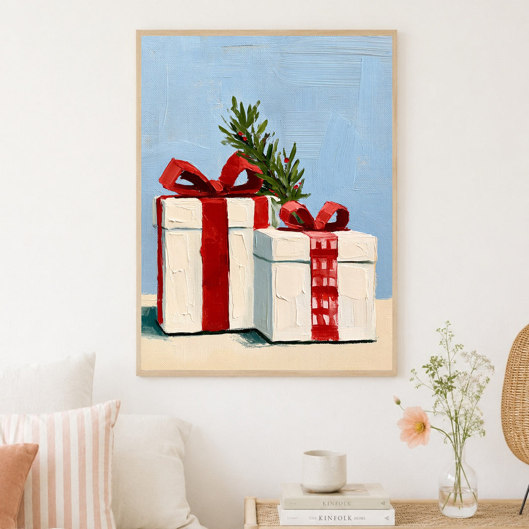 Festliche Geschenke im Schnee Poster – Holz natur Rahmen – Produktfoto