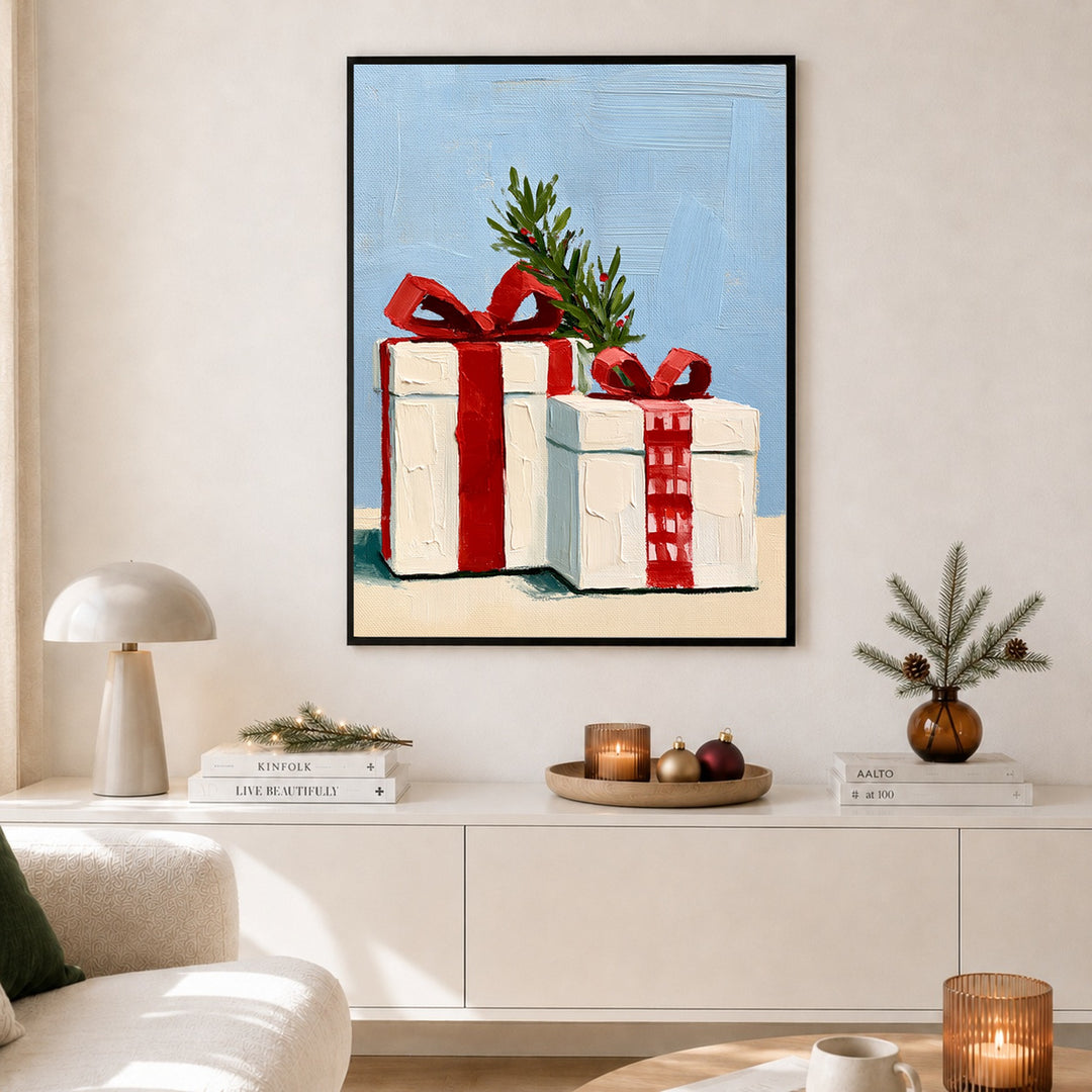 Festliche Geschenke im Schnee Poster – Schwarzer Rahmen – Produktfoto