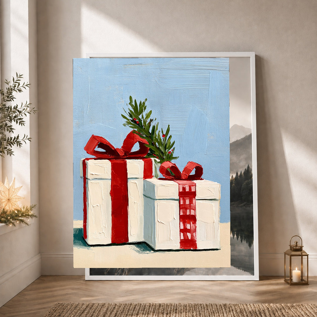 Festliche Geschenke im Schnee Poster – Weißer Rahmen – Produktfoto