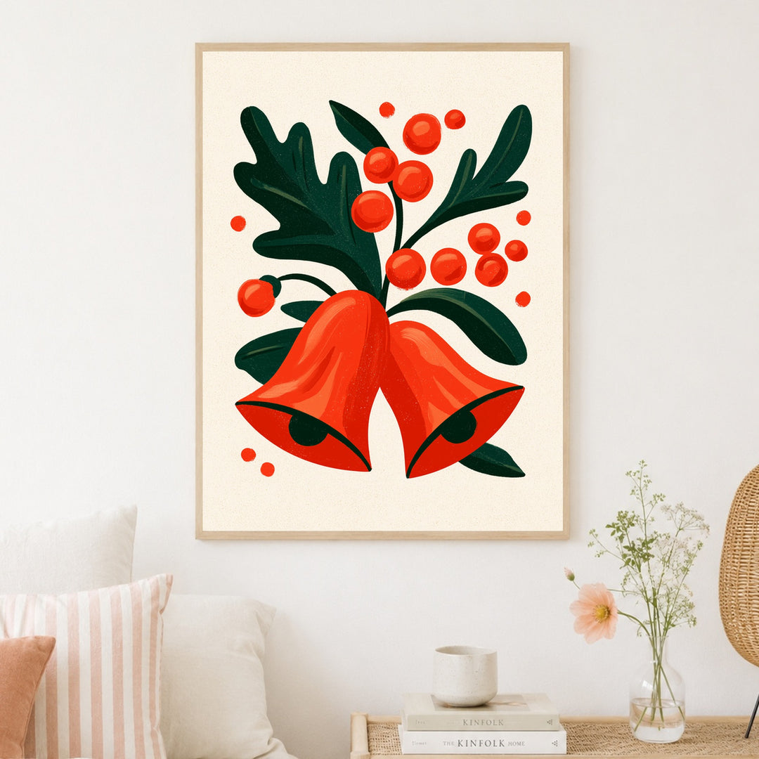 Rote Glocken mit Beeren Poster – Holz natur Rahmen – Produktfoto