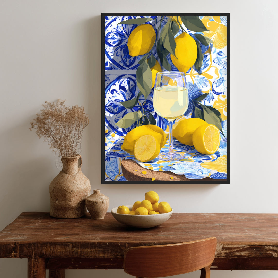 Zitronen im Azulejo-Licht Poster – Schwarzer Rahmen – Produktfoto