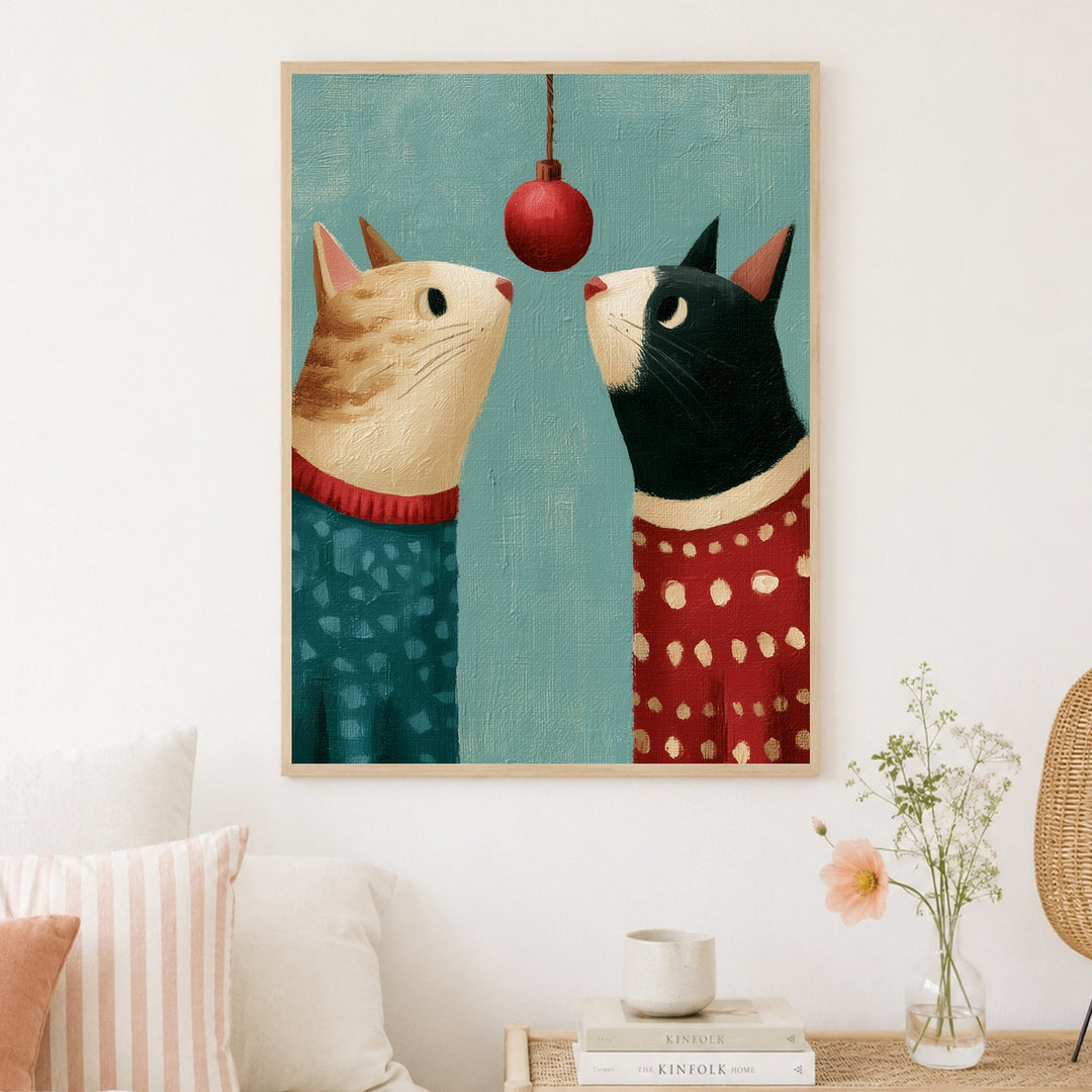 Zwei Katzen unterm Weihnachtsball Poster – Holz natur Rahmen – Produktfoto