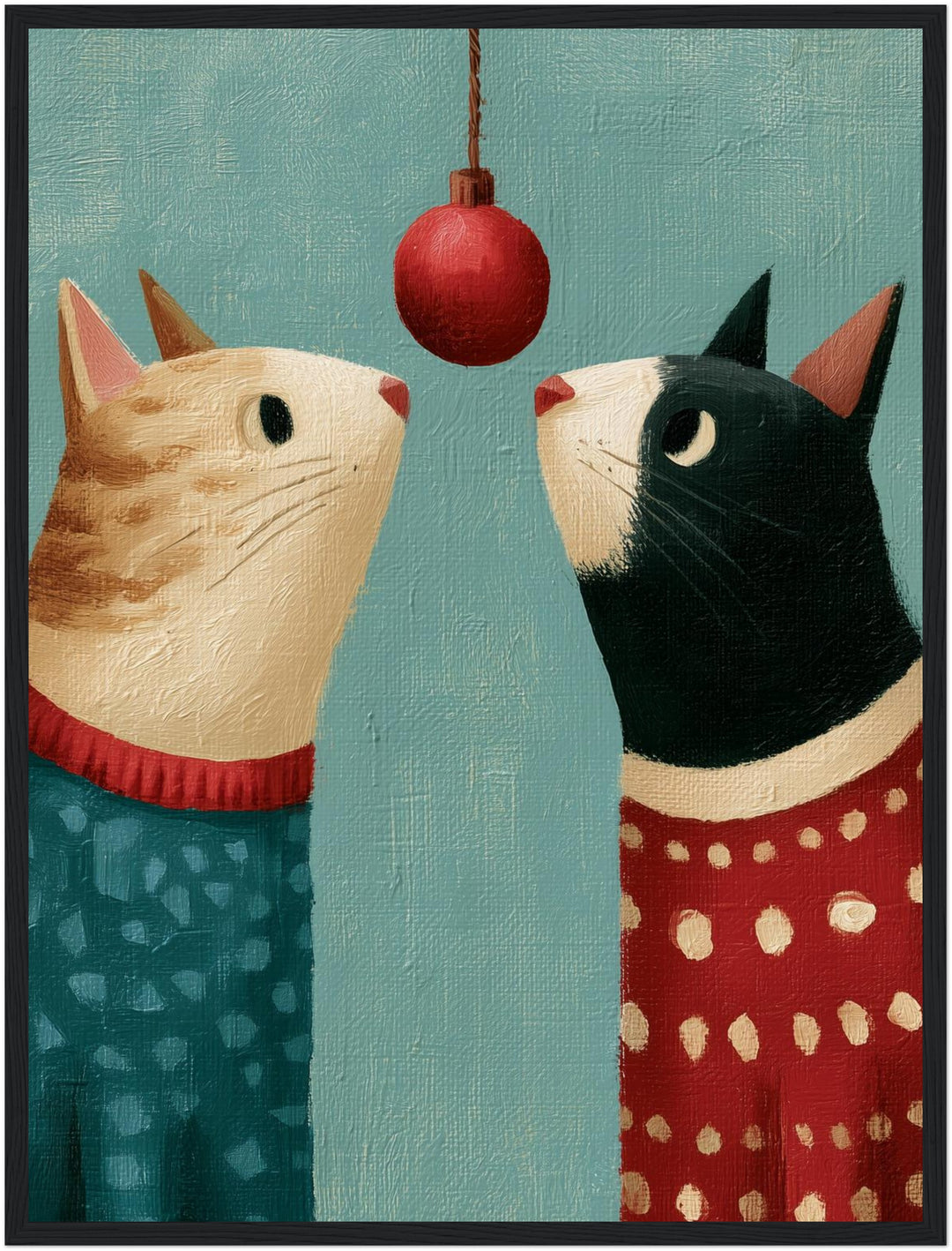 Zwei Katzen unterm Weihnachtsball Poster – Schwarzer Rahmen – Produktfoto