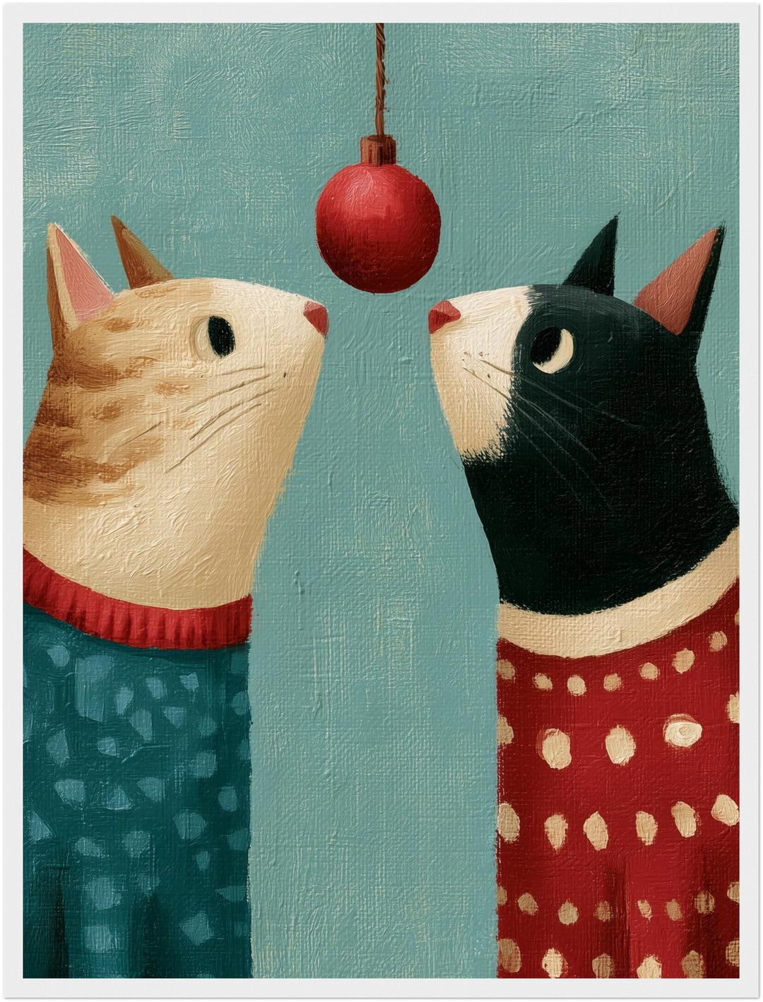 Zwei Katzen unterm Weihnachtsball Poster – Weißer Rahmen – Produktfoto