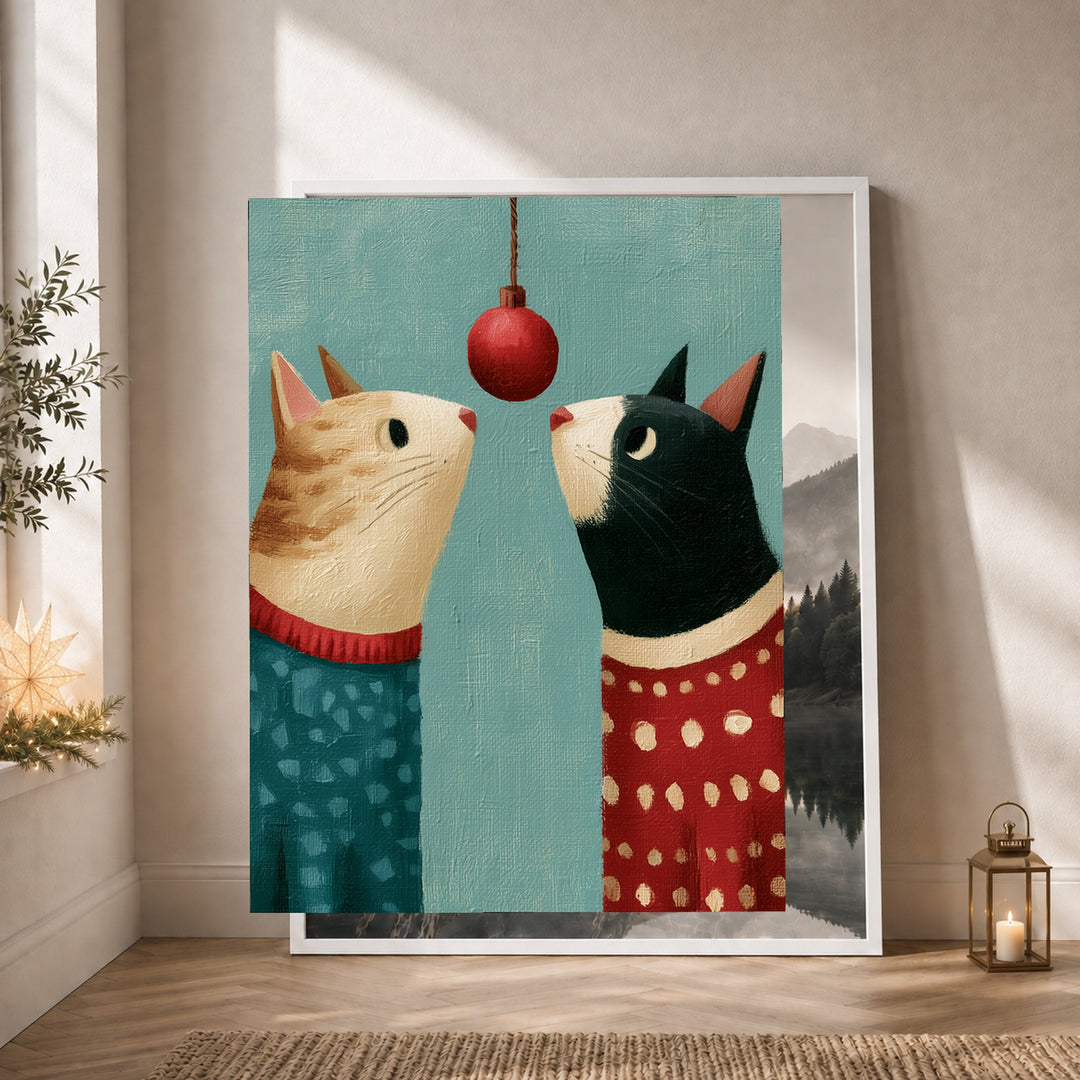 Zwei Katzen unterm Weihnachtsball Poster – Weißer Rahmen – Produktfoto