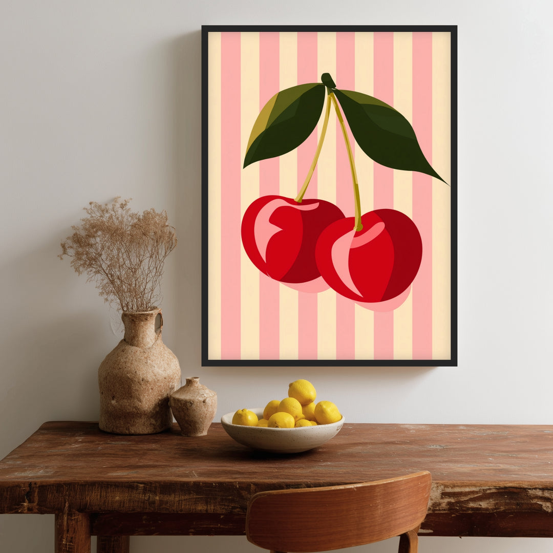 Zwei rote Kirschen Poster – Schwarzer Rahmen – Produktfoto