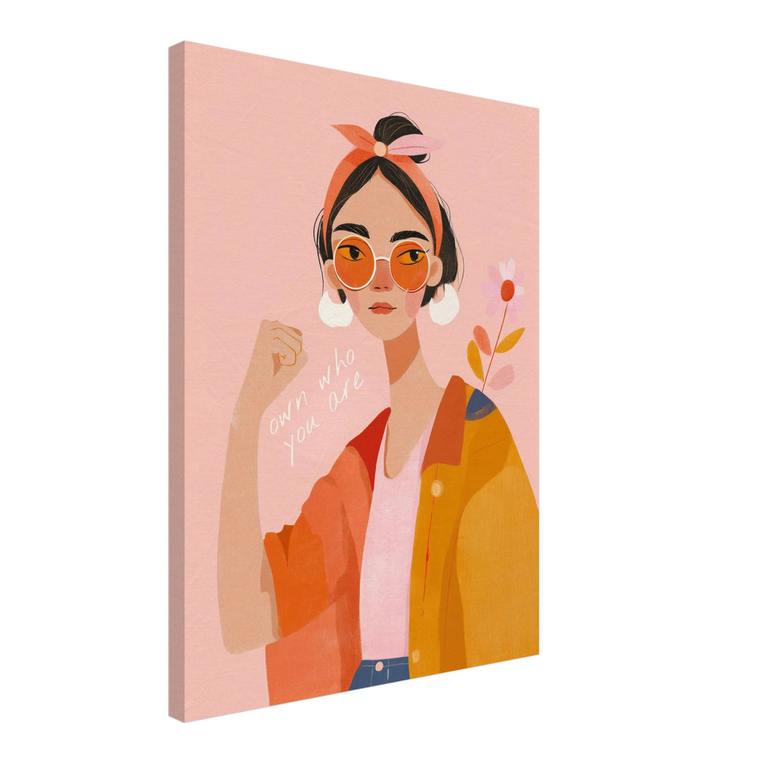 Frau mit orangener Sonnenbrille Leinwandbild abstrakt – Leinwand auf Holzrahmen – Ansicht 2