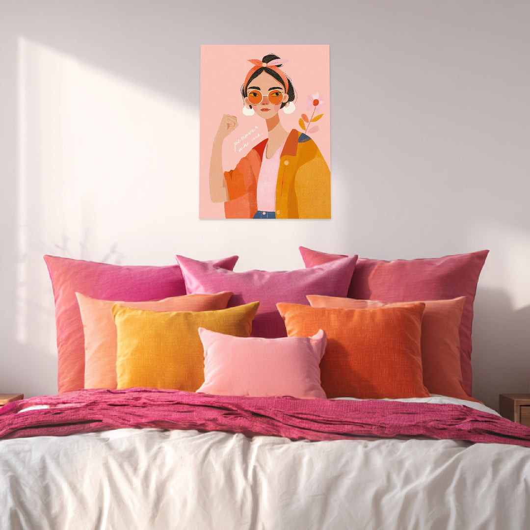 Frau mit orangener Sonnenbrille Leinwandbild abstrakt – Leinwand auf Holzrahmen – Ansicht 3