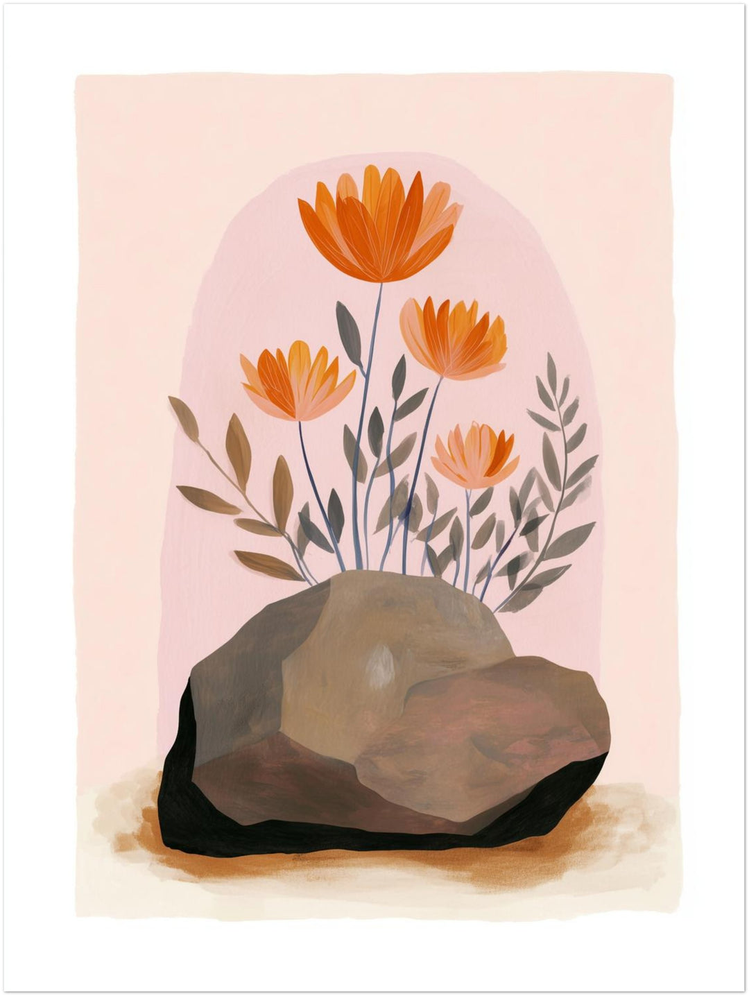 Orange Blumen auf Stein abstrakt – Wandkunst