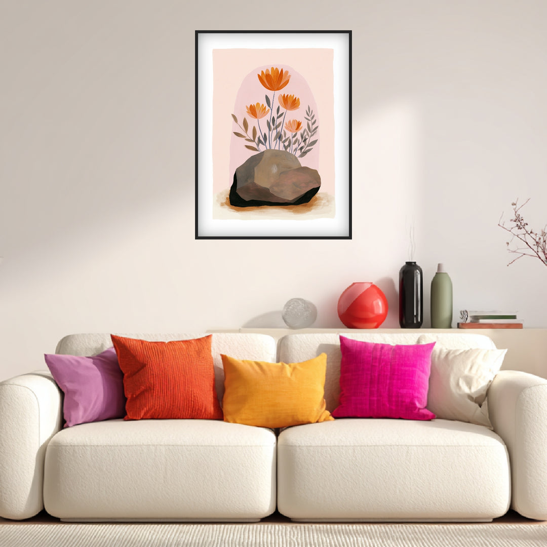 Orange Blumen auf Stein Poster abstrakt – mattes Kunstdruck-Papier – Ansicht 5