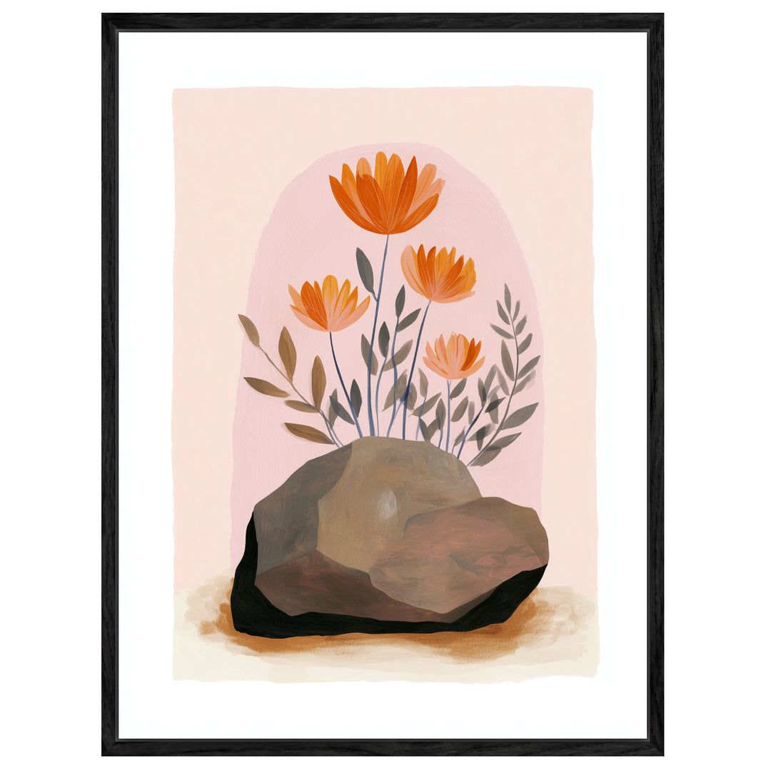 Orange Blumen auf Stein Leinwandbild abstrakt – Leinwand auf Holzrahmen – Ansicht 4
