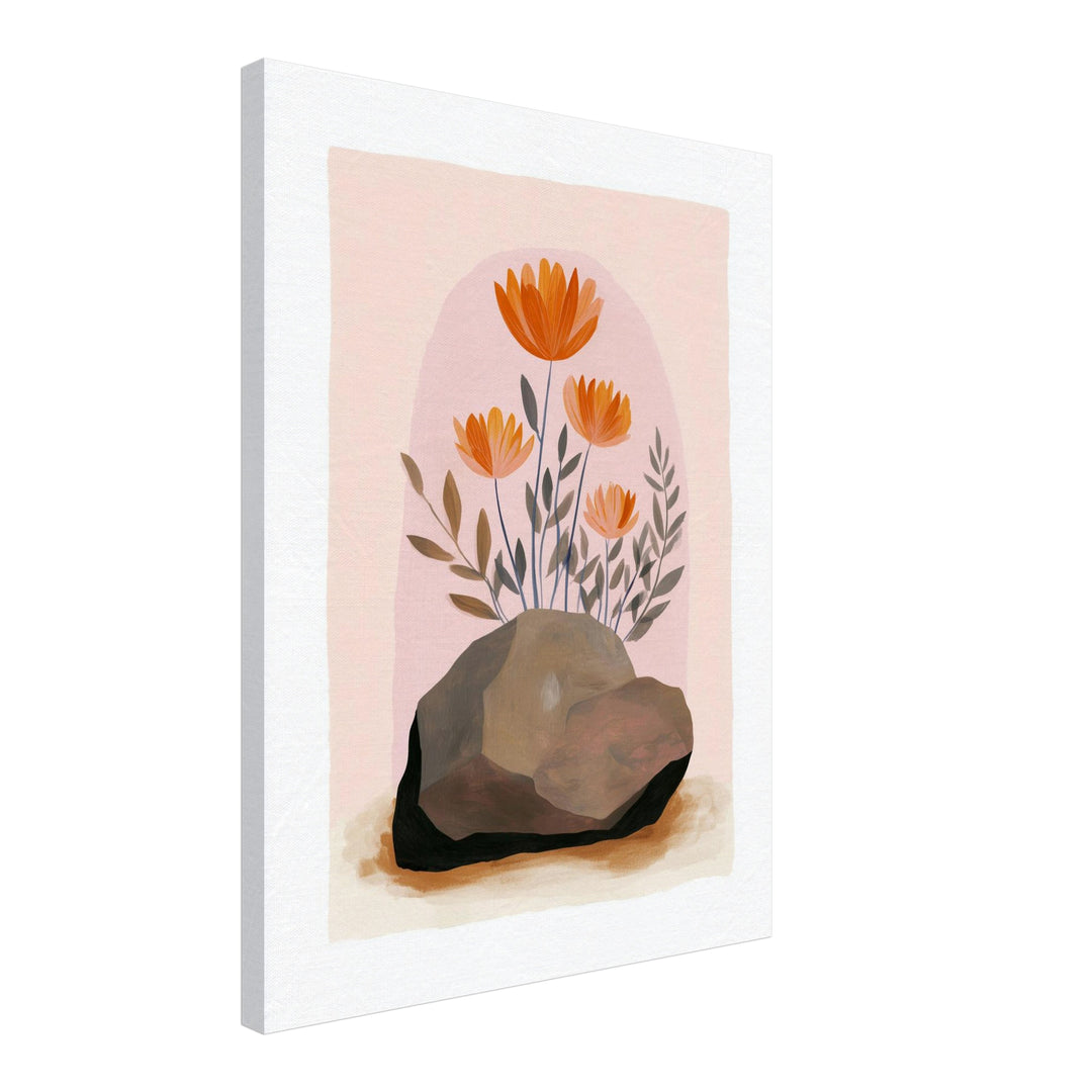 Orange Blumen auf Stein Leinwandbild abstrakt – Leinwand auf Holzrahmen – Ansicht 2