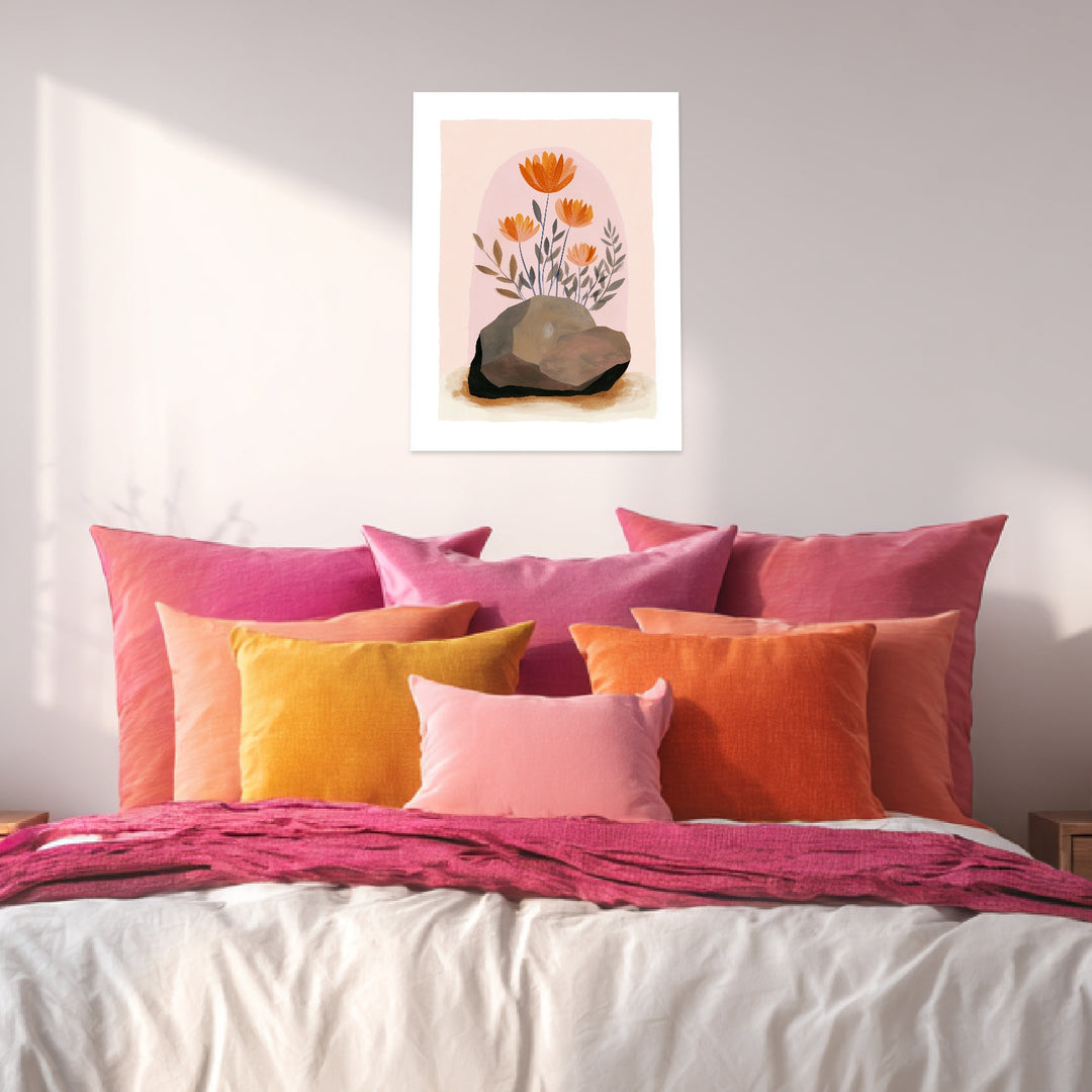 Orange Blumen auf Stein Leinwandbild abstrakt – Leinwand auf Holzrahmen – Ansicht 3